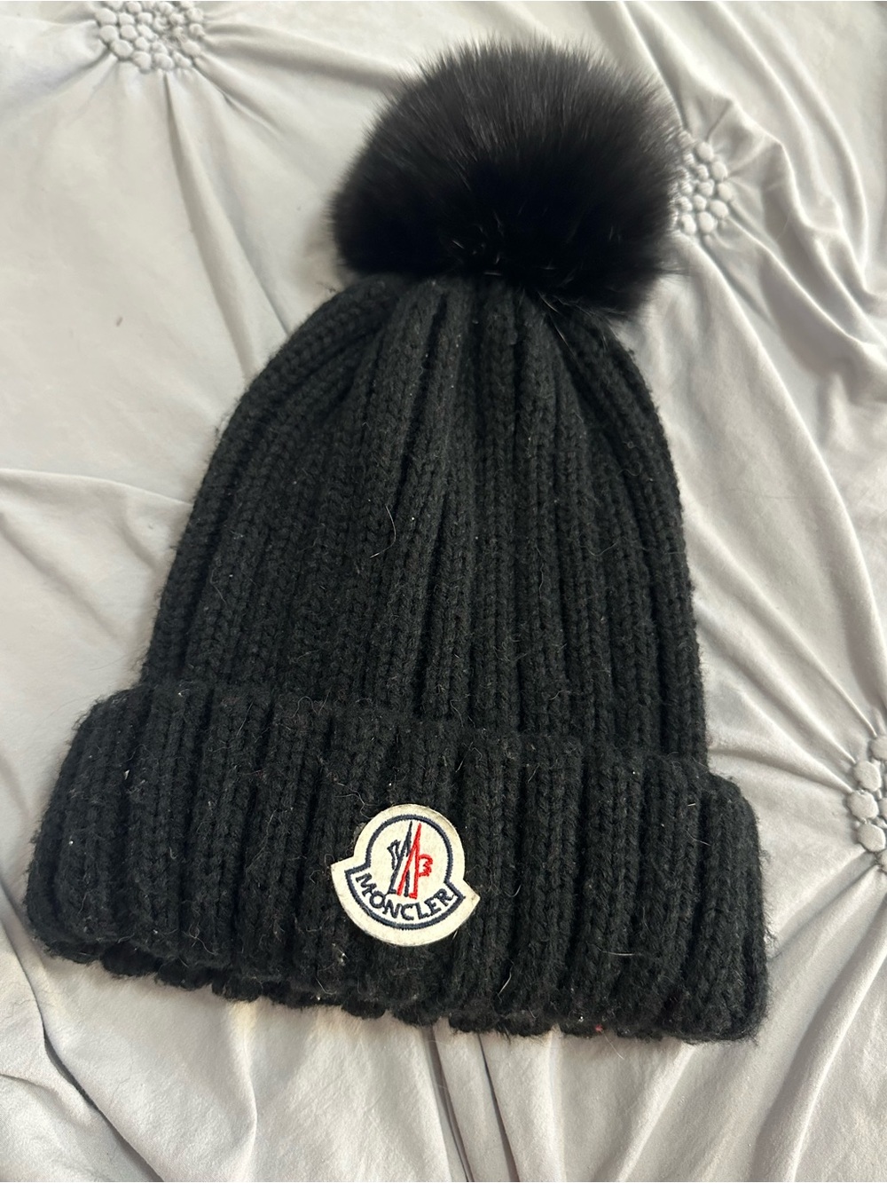Moncler Black Ribbed Knit Beanie with Pom and Logo Patch